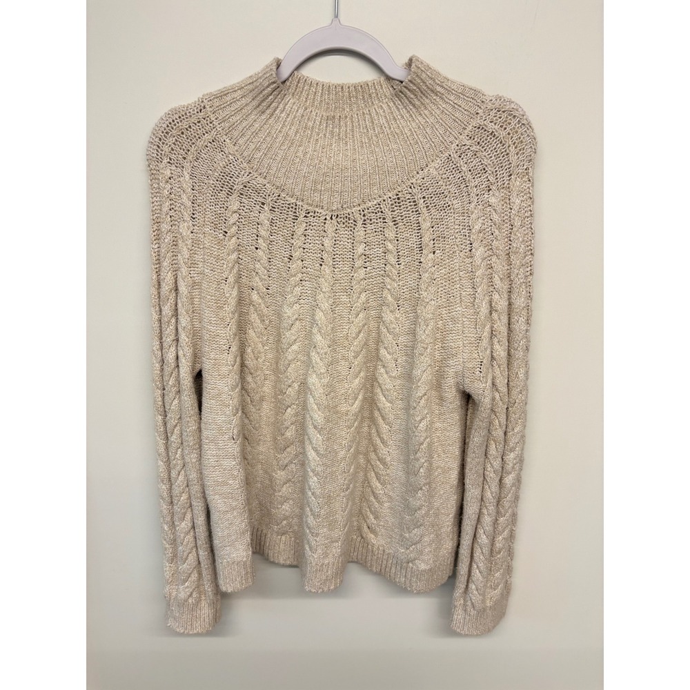 Chunky Coastal Fisherman Sweater Cable Knit Mock Neck Women XXL Cream Winter